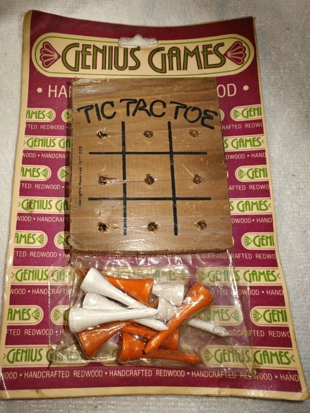 NOS Vintage Tic Tac Toe Game Handcrafted Redwood Game Board & Pegs